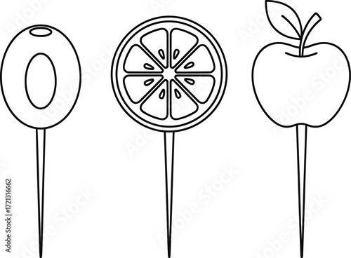 Outline drawing of fruit skewers olive lemon apple design art