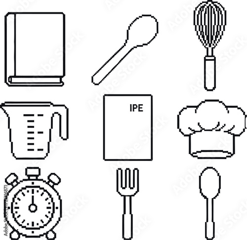 Pixel art baking tools and recipe book for cooking education