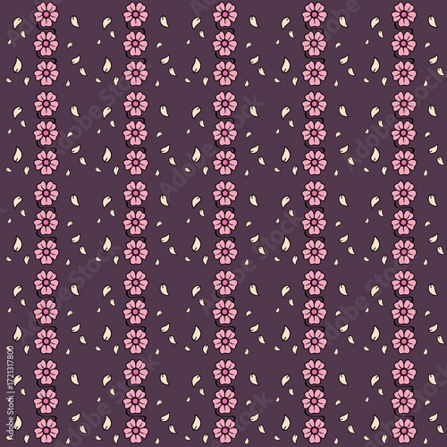 seamless floral pattern, Pink floral pattern with vertical rows of stylized flowers on a dark purple background