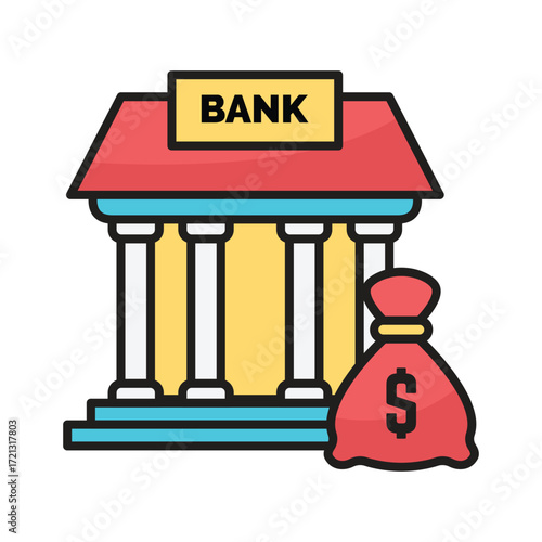 A red and yellow bank building with a money bag icon