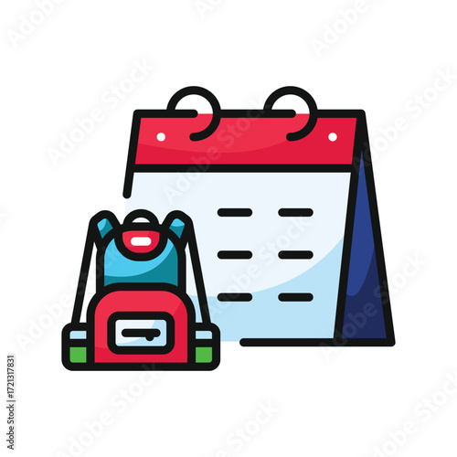 A red and blue backpack in front of a desk calendar