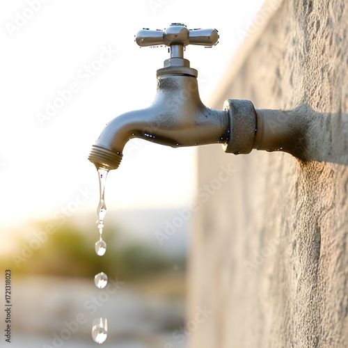 Close-up of a silver metal outdoor water tap with dripping water against a light concrete wall in bright sunlight