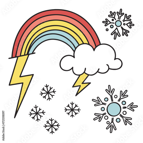 Vector art of colorful rainbow with lightning and snowflakes weather phenomenon with cloud, thunderbolt, and snow crystals rainbow and winter weather