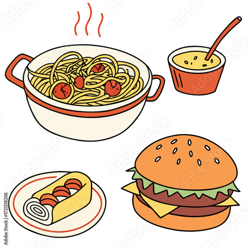Vector art of a vibrant collection of cartoonstyle food illustrations, , featuring spaghetti, soup, a swiss roll, and a burger, perfect for adding a playful touch to designs