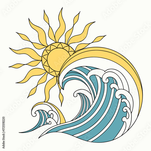Vector art of colorful illustration of a sun and wave, symbolizing the harmony between fire and water, representing balance and the cyclical nature of life