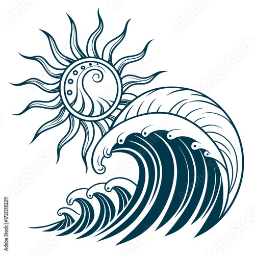Vector art of monochrome illustration of a sun and wave, symbolizing the harmony between fire and water, representing balance and the cyclical nature of life