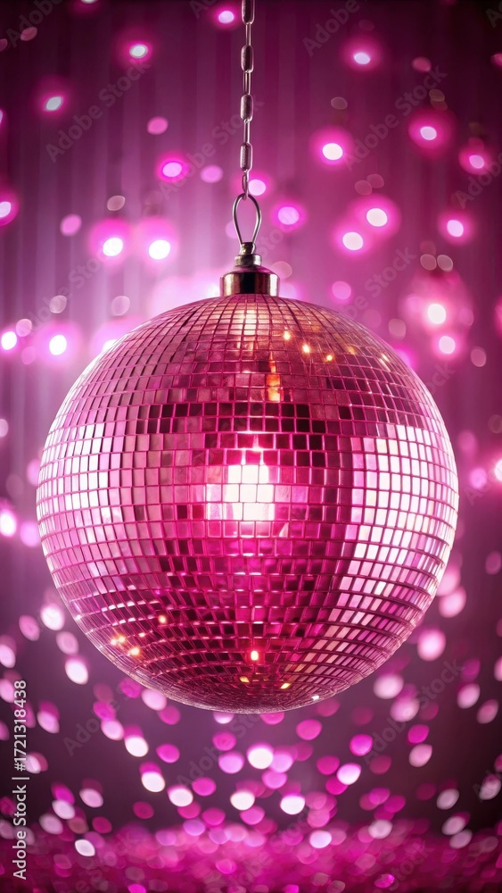 Fototapeta premium Glittering pink disco ball suspended from a glamorous chandelier