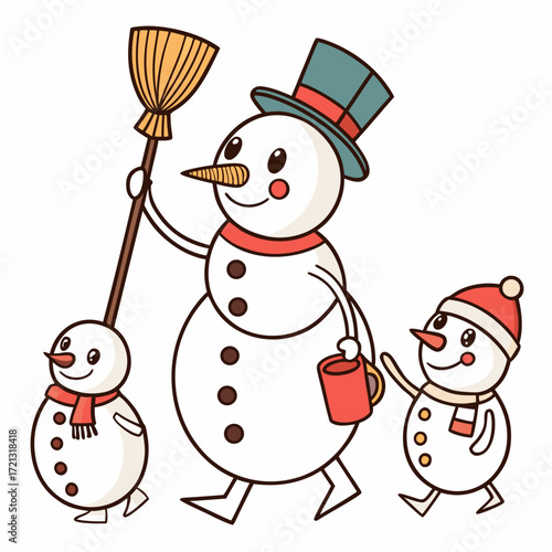 Vector art of cheerful snowman family a delightful illustration of a big snowman holding a broom and a bucket, accompanied by two smaller snowmen, spreading winter joy