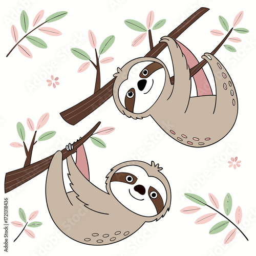 Vector art of charming sloth couple a delightful illustration of two sloths hanging from branches, surrounded by leaves and flowers, symbolizing love and tranquility