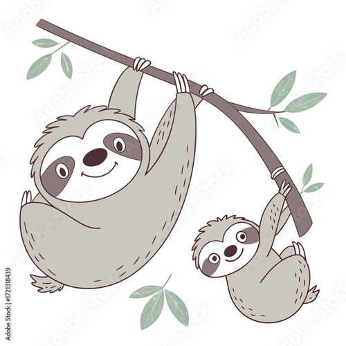 Vector art of adorable sloth family a heartwarming illustration of a mother sloth and her baby hanging from a branch, showcasing their bond and love in the jungle
