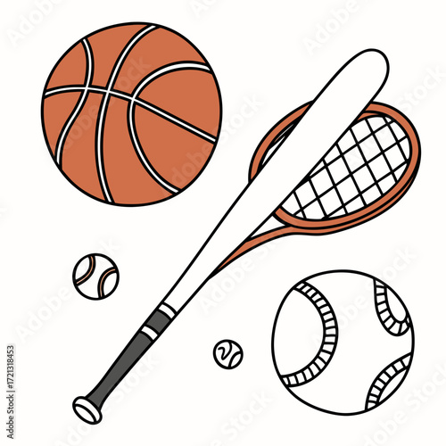 Vector art of a dynamic vector illustration featuring a basketball, baseball bat, tennis racket, and tennis ball, representing sports and active lifestyles, ideal for designs