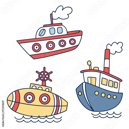 Vector art of collection of cartoon boats, featuring a steamboat, a submarine, and a cruise ship, ideal for childrens books and nautical designs