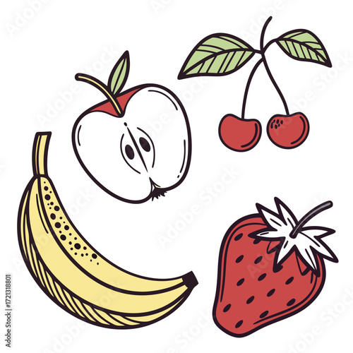 Vector art of a delightful illustration showcases a vibrant array of fruits, including a halved apple, a ripe banana, a pair of cherries, and a juicy strawberry, perfect for promoting healthy eating