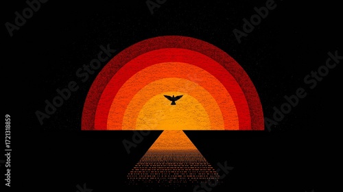 Vibrant sunset with layered colors and a bird silhouette soaring across a vast horizon, inspiring feelings of peace and freedom, captured in a minimalist artistic style