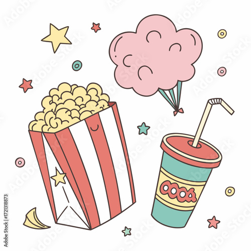 Vector art of a delightful illustration featuring a popcorn box, a refreshing soda, and fluffy cotton candy, surrounded by whimsical stars and confetti, perfect for a fun movie night