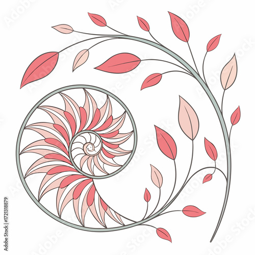 Vector art of elegant nautilus shell spiral with leaves, a harmonious blend of natures geometry and botanical grace, perfect for adding a touch of sophistication