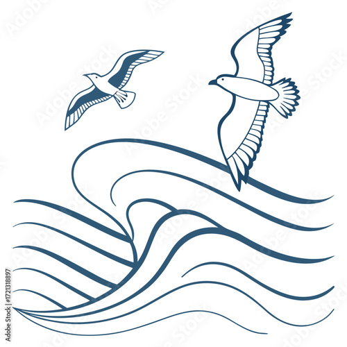 Vector art of an elegant illustration showcasing stylized ocean waves and two seagulls soaring gracefully, rendered in a clean, minimalist style, capturing the essence of coastal beauty