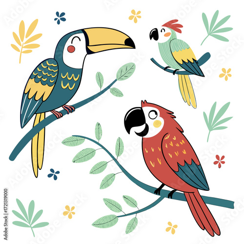 Vector art of three colorful parrots the parrots are perched on branches, and they are surrounded by leaves and flowers the parrots are all different colors and sizes