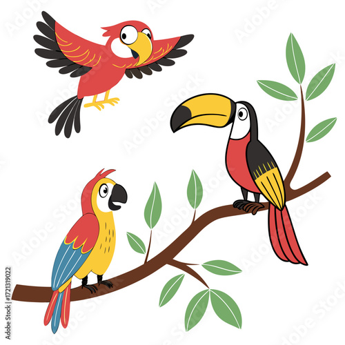 Vector art of three colorful cartoon tropical birds a toucan perched on a branch and two parrots, one flying with open wings and the other perched on the ground