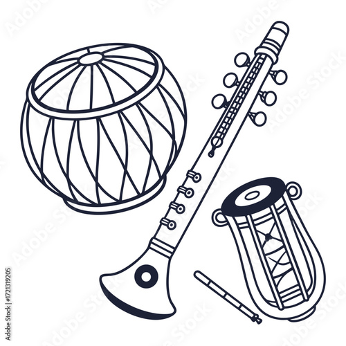 Vector art of collection of traditional indian musical instruments, including tabla, shehnai, and djembe, showcasing the rich cultural heritage of india