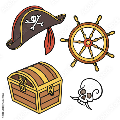 Vector art of pirate themed clip art featuring a treasure chest, pirate hat, ships wheel and skull ideal for adding a touch of adventure and fun to your designs