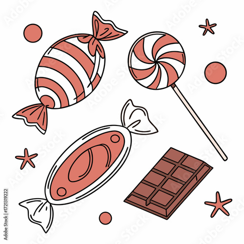 Vector art of a tempting collection of assorted candies, including lollipops, wrapped sweets, and chocolate bars, creating a delightful and sugary scene perfect for satisfying any sweet tooth