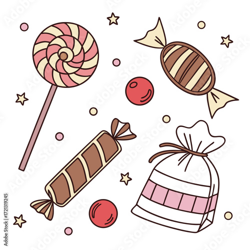 Vector art of a delightful assortment of colorful candies, featuring lollipops, wrapped sweets, and a treat bag, creating a whimsical and sugary scene perfect for celebrations and sweet indulgence