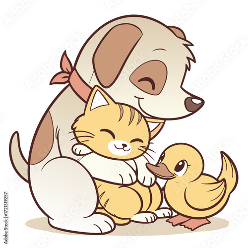 Vector art of a heartwarming cartoon scene showcasing a gentle dog embracing a contented cat and a curious duckling, all displaying serene expressions of friendship and companionship