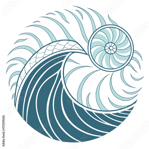 Vector art of an abstract circular design featuring a stylized wave and a nautilus shell, creating a harmonious blend of ocean elements in a calming color palette