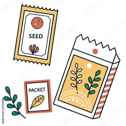 Illustration of seed packets with various designs, perfect for gardening, agriculture, or botanical themed projects use for cards or decoration