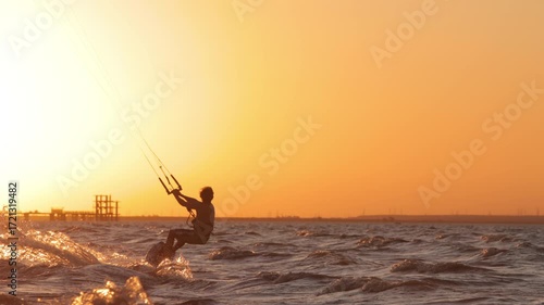 Cinematic slow motion kitesurfing at sunset