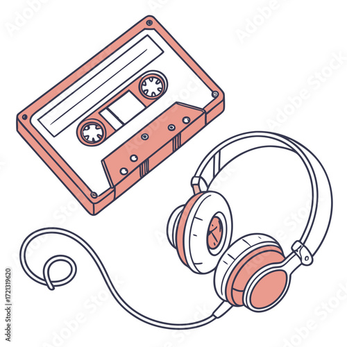 Vector art of a retro cassette tape and a pair of headphones, symbols of music and nostalgia, are displayed in a minimalist style