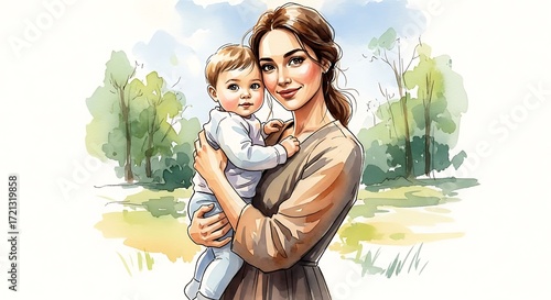 A heartwarming depiction of a mother and child, embracing amidst a picturesque outdoor scene, showcasing gentle colors and a serene atmosphere.