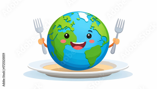 Cartoon Earth Character with Forks, Ready to Eat on a Plate