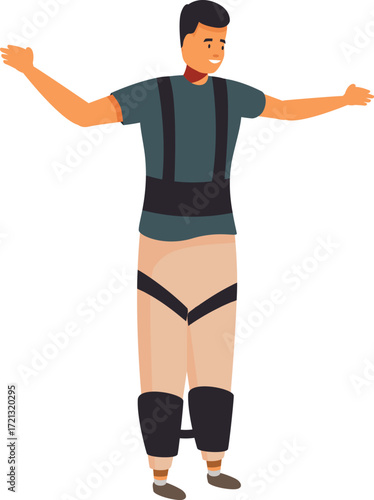 Young man wearing a futuristic exoskeleton balancing with open arms, enjoying the experience of enhanced mobility