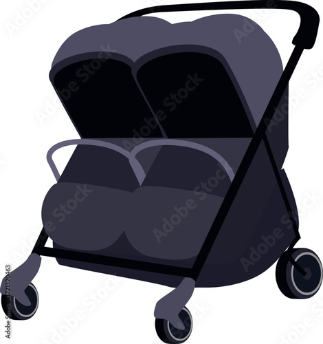 Dark gray twin stroller isolated on white background ready for a family walk