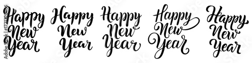 Happy New Year lettering, elegant calligraphy, festive typography design, black ink on white background, vector illustration, decorative script font, minimal style, holiday greeting card template, mod