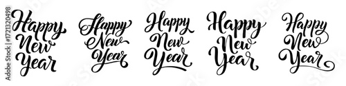 Happy New Year lettering, elegant calligraphy, festive typography design, black ink on white background, vector illustration, decorative script font, minimal style, holiday greeting card template, mod