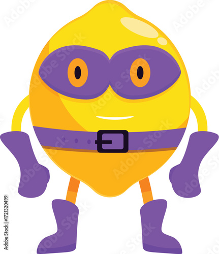 Cartoon lemon superhero character wearing a mask and boots is standing