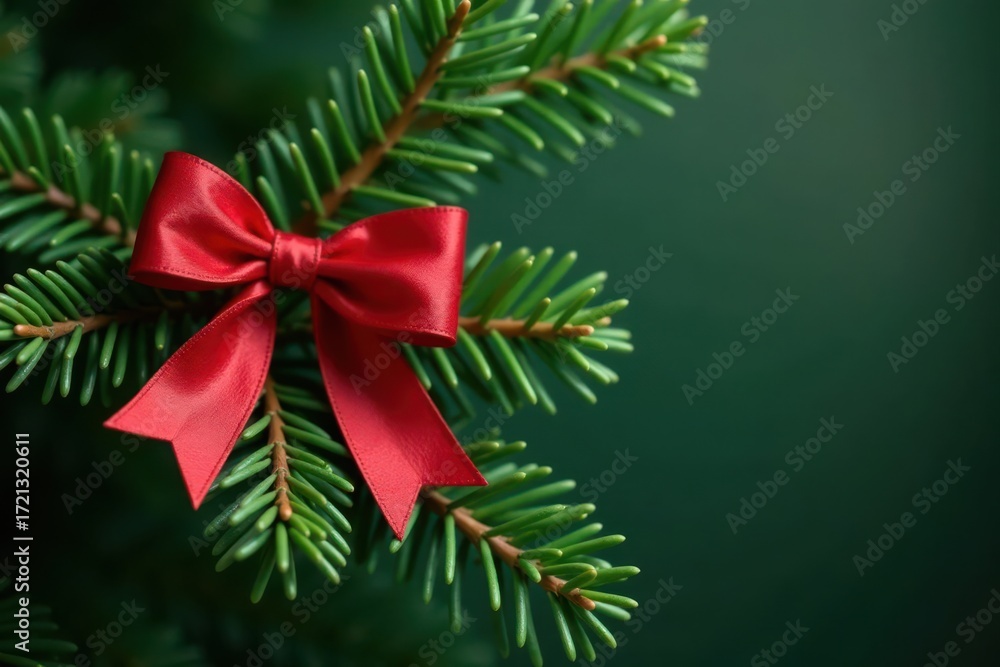 Fototapeta premium lush green pine branch adorned with vibrant red bow, xmas, winter, christmas elements