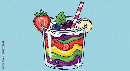 Colorful fruit smoothie bowl with strawberry banana and berries healthy breakfast or dessert illustration