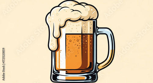 Vector beer mug with overflowing foam head illustration for brewery pub bar and restaurant advertising design