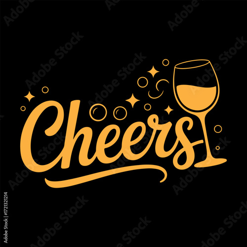 Elegant Cheers lettering with a sparkling wine glass illustration for a celebratory toast design