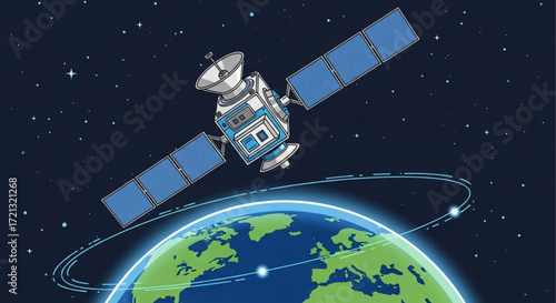 Satellite orbiting earth vector illustration for space technology and communication systems design concept