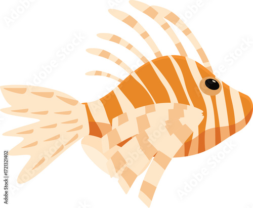 Cartoon lionfish swimming underwater, a venomous coral reef fish with long fins and orange and white stripes