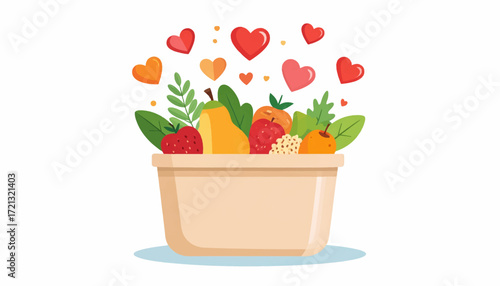 Flat vector illustration of a healthy food bowl with fresh fruits, vegetables, and grains, surrounded by hearts symbolizing a love for nutrition and wellness
