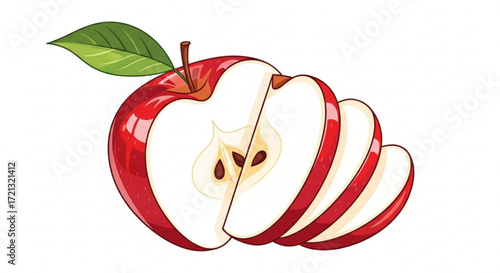Sliced red apple fruit illustration with leaf vector graphic for healthy eating and cooking concepts design