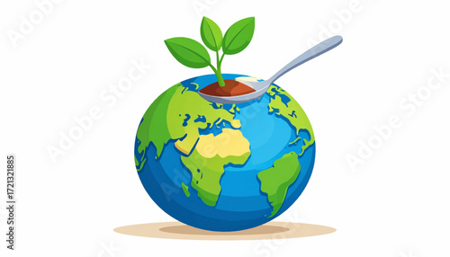 Conceptual illustration of planet Earth with a spoon and a green sprout symbolizing sustainable food and organic agriculture