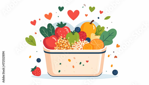 A delightful and nutritious meal bowl filled with fresh organic fruits, grains, and greens, symbolizing a love for a healthy diet and wellness