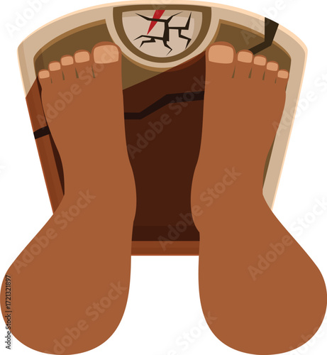 Bare feet standing on broken weighing scale, illustrating overweight, obesity, and unhealthy lifestyle concept